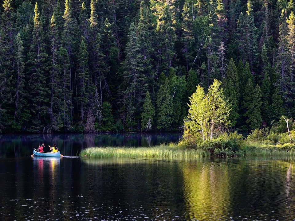 Group of people canoeing on a lake