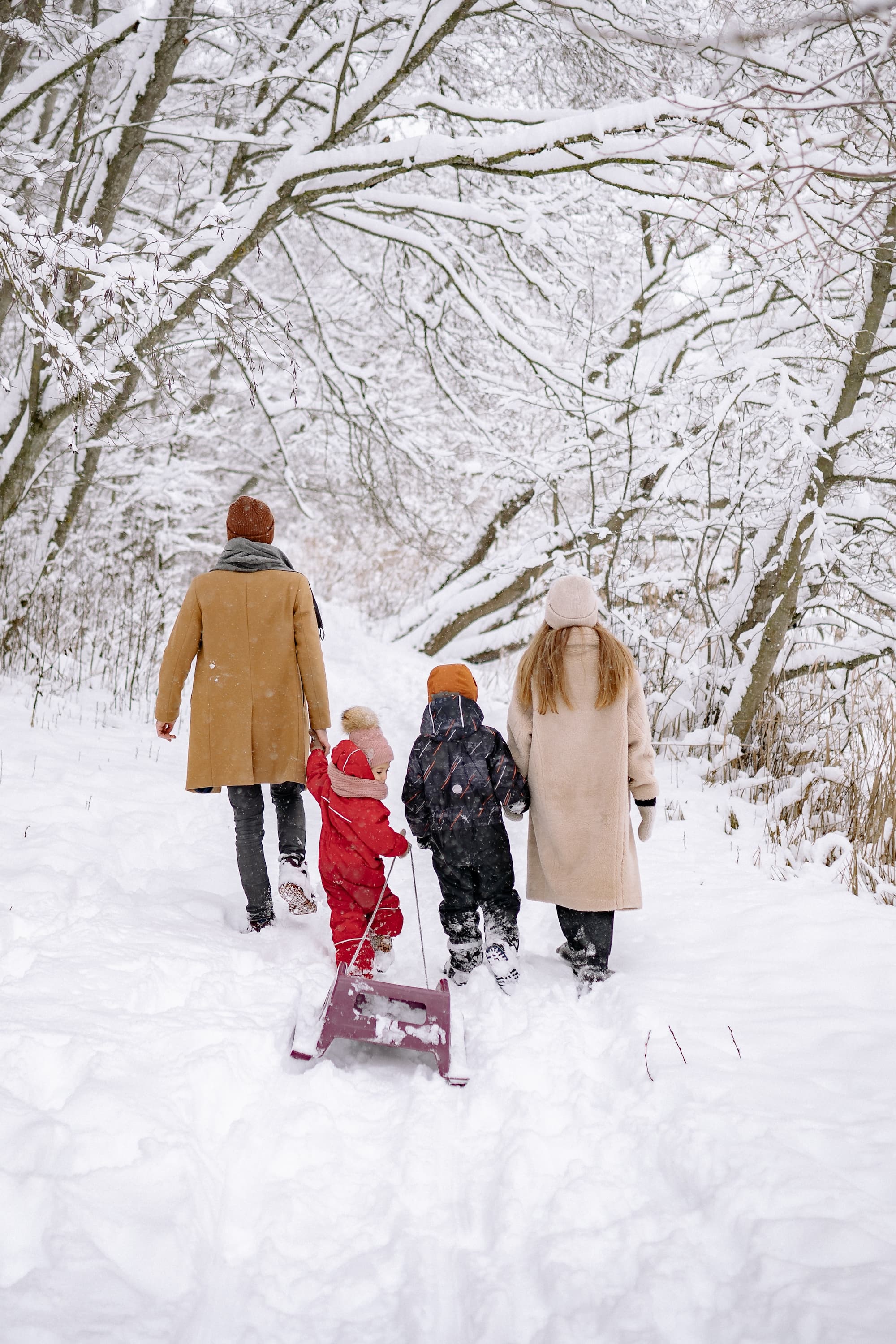 Family walking in the snow with a sled.