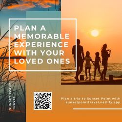 Banner that advertises sunset point travel website. Shows family on pier at sunset point.